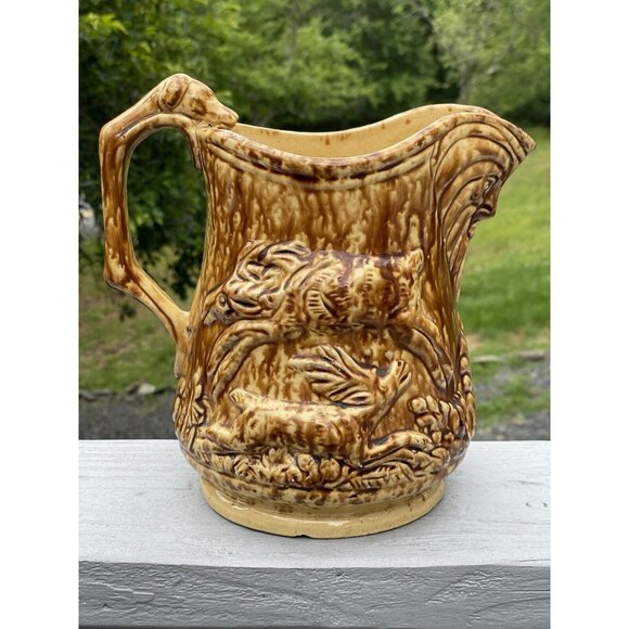Rare Antique Bennington Rockingham Dog Handle Hunt Scene Pitcher Yellow ware - Picture 14 of 16